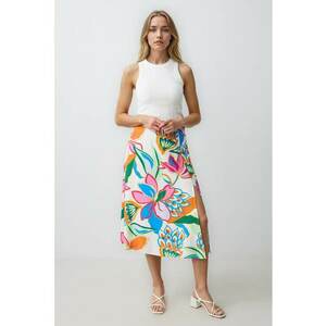 Fusta midi din amestec de in cu model floral si slit lateral imagine