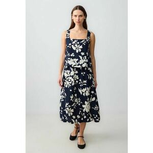 Fusta midi din amestec de in cu croiala in A si imprimeu floral imagine