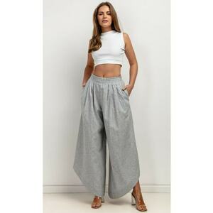 Pantaloni palazzo cu terminatie asimetrica - din amestec de in imagine