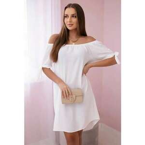 Rochie midi cu decolteu pe umeri si funde decorative - imagine