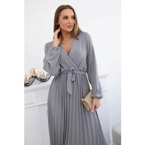Rochie midi cu croiala petrecuta - maneci lungi si pliuri - imagine