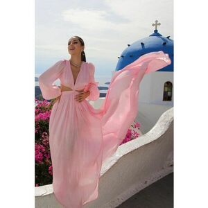 Rochie maxi evazata cu slit pe picior si maneci ample - Roz imagine