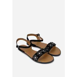 Sandale dama din piele intoarsa neagra cu ornament flori imagine