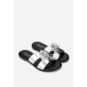 Sandale tip papuc dama din piele argintie cu funda subtire imagine