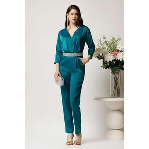 Salopeta DY Fashion din satin verde cu spatele gol si cordon din strasuri imagine