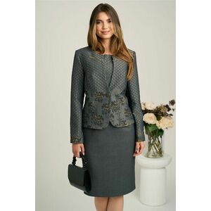 Compleu gri cu rochie midi conica din stofa si sacou cambrat din brocard- Viada imagine