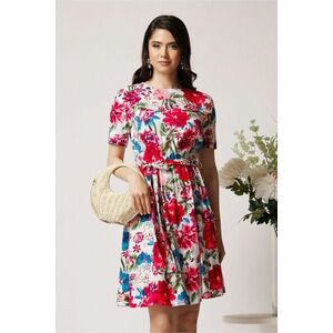 Rochie DY Fashion din viscoza alba cu imprimeu floral fucsia si cordon in talie imagine