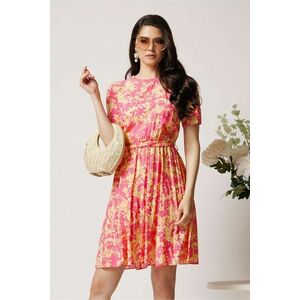 Rochie DY Fashion din viscoza roz cu imprimeu galben si cordon in talie imagine