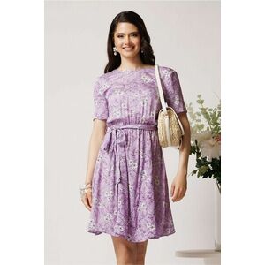 Rochie DY Fashion din viscoza lila cu imprimeu floral alb si cordon in talie imagine