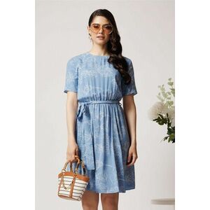 Rochie DY Fashion din visocza bleu cu imprimeu floral alb si cordon in talie imagine