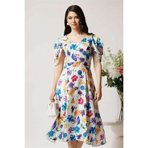 Rochie vaporoasa din satin alba cu flori colorate imagine