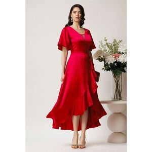 Rochie lunga eleganta din satin rosu zmeura cu volan pe fusta imagine