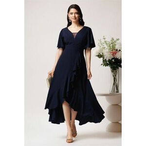 Rochie lunga eleganta din crep bleumarin cu volan pe fusta imagine