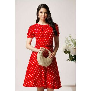 Rochie din viscoza rosie cu buline si curea in talie imagine