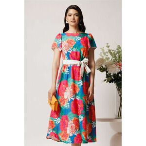 Rochie din triplu voal turcoaz cu imprimeu floral orange si cordon in talie imagine