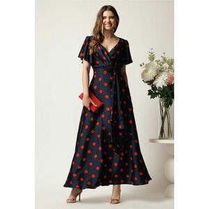 Rochie bleumarin lunga din satin in clos cu buline rosii si volan imagine
