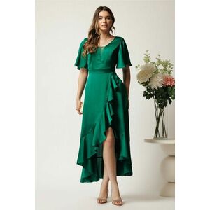 Rochie verde lunga din satin in clos cu volan si crapatura pe fusta imagine
