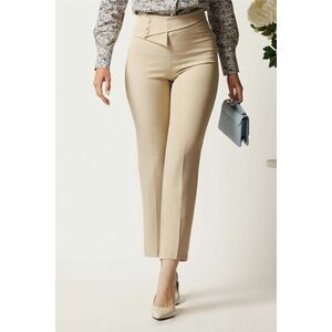 Pantaloni DY Fashion bej din stofa conici cu talie inalta si betelie petrecuta imagine