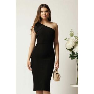 Rochie DY Fashion midi neagra din stofa cu croi conic si funda pe un umar imagine