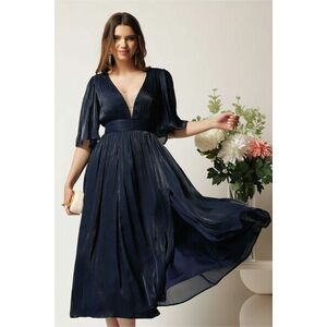 Rochie DY Fashion midi bleumarin din voal in clos cu tull la decolteu si crapatura pe picior imagine