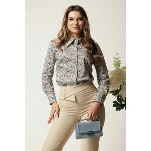 Camasa DY Fashion cu flori bej si bleumarin din bumbac cu guler supradimensionat imagine