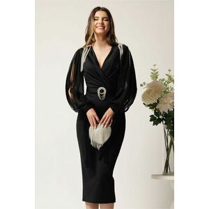 Rochie midi neagra din neopren cu franjuri din strasuri la umeri si curea in talie imagine