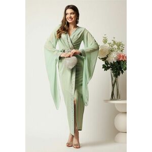 Rochie lunga verde mint din stofa petrecuta cu strasuri si maneci din voal imagine