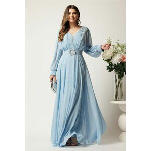 Rochie lunga bleu din voal in clos cu strasuri si franjuri la umeri imagine