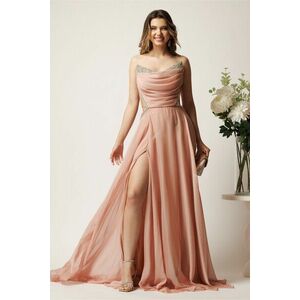 Rochie lunga roz din voal in clos cu strasuri la bust si tull trasparent imagine