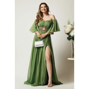 Rochie lunga verde din voal in clos cu strasuri si tull in talie imagine