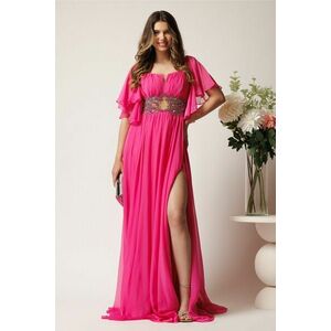 Rochie lunga fucsia din voal in clos cu strasuri si tull in talie imagine