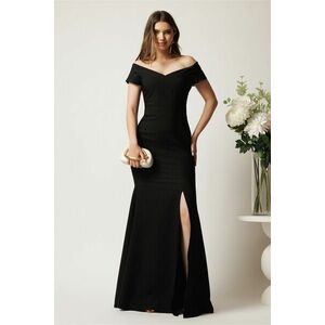 Rochie neagra lunga din stofa cu decolteu barcuta si crapatura pe picior- LaDonna imagine