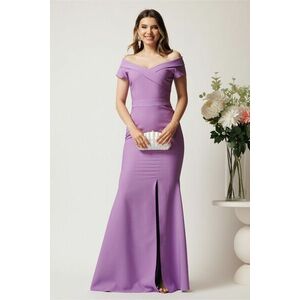 Rochie lila lunga din stofa cu decolteu barcuta si crapatura pe picior- LaDonna imagine