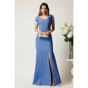 Rochie bleu lunga din stofa cu decolteu barcuta si crapatura pe picior imagine