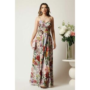 Rochie lunga ivory cu flori colorate din satin in clos cu fusta petrecuta si crapatura- LaDonna imagine