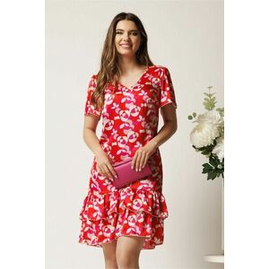 Rochie scurta fucsia din voal lejera cu print rosu si volane la baza- Moze imagine
