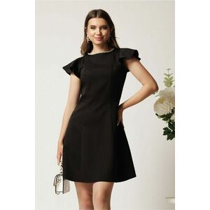 Rochie scurta neagra din stofa in cos cu perlute la decolteu- Moze imagine