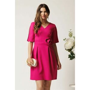 Rochie scurta fucsia din stofa cu trandafir si pliuri in talie- Moze imagine