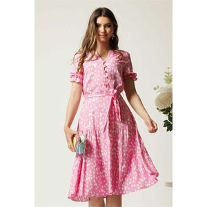 Rochie roz cu imprimeuri albe in clos cu cordon in talie imagine