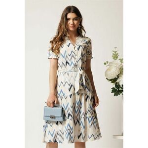 Rochie alba cu print zig-zag albastru in clos cu cordon in talie imagine