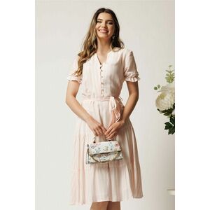 Rochie roz cu dungi albe in clos cu cordon in talie imagine