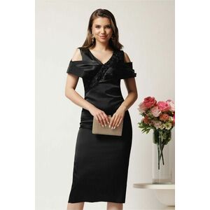 Rochie midi neagra din satin cu paiete la bust si manecute lasate pe umeri- Leonard Collection imagine