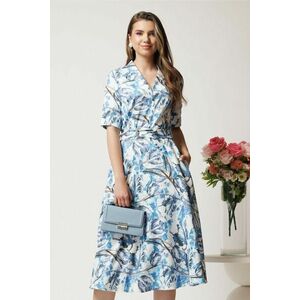 Rochie midi alba in clos cu imprimeu bleu si cordon in talie imagine