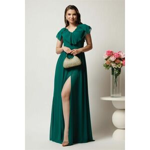 Rochie DY Fashion lunga verde in clos din voal cu volanas la bust si crapatura pe picior imagine