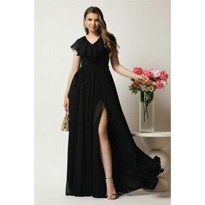Rochie DY Fashion lunga neagra in clos din voal cu volanas la bust si crapatura pe picior imagine