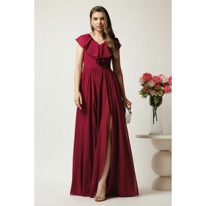 Rochie DY Fashion lunga bordo in clos din voal cu volanas la bust si crapatura pe picior imagine