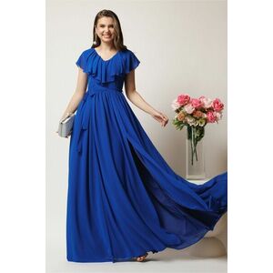 Rochie DY Fashion lunga albastra in clos din voal cu volanas la bust si crapatura pe picior imagine