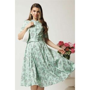 Rochie DY Fashion midi vernil in clos din triplu voal cu floricele si curea in talie imagine
