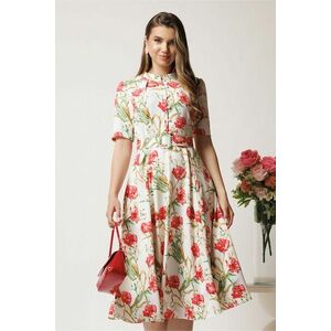 Rochie DY Fashion midi alba in clos din triplu voal cu flori rosii si curea in talie imagine