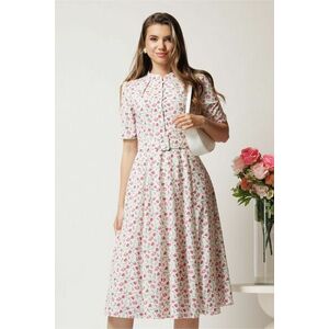 Rochie DY Fashion midi alba in clos din triplu voal cu floricele roz si curea in talie imagine